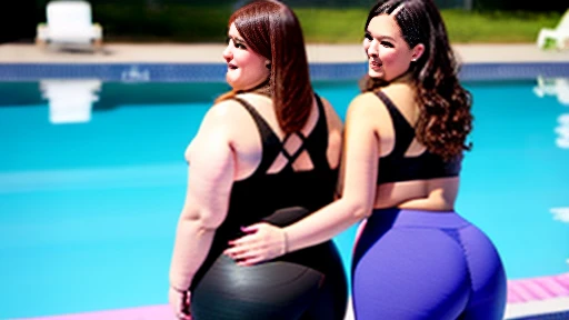 fat ssbbw curvy bottom heavy pear shaped wide hiped british women, 30 brunette, they are standing together near the pool, they are wearing tight low waisted leggings, and short sleeved button up hawaiian shirts, view from behind