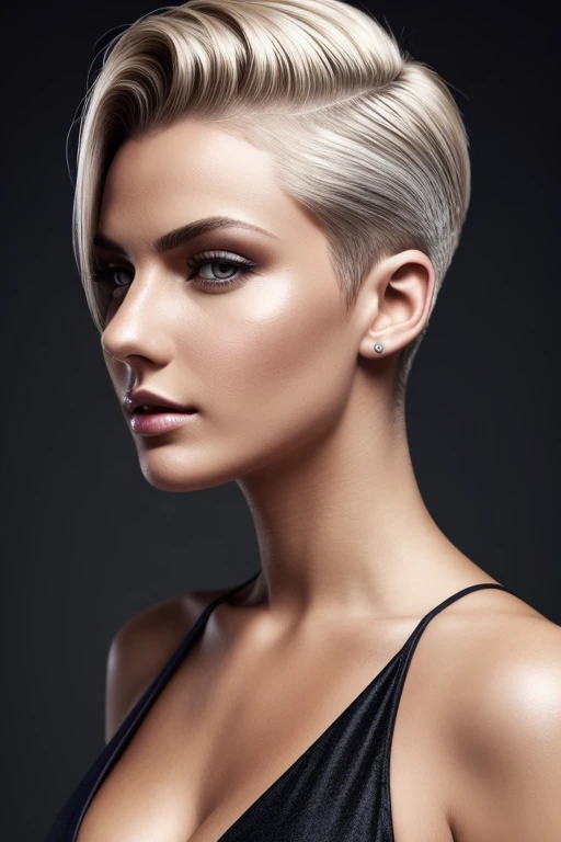 Gorgeous european woman with very short straight hair, short hair, wet hair, hair slicked back, combed straight back, slick hair, ash blonde gradient hair, super sexy and seductive, cleavage, solid dark grey background