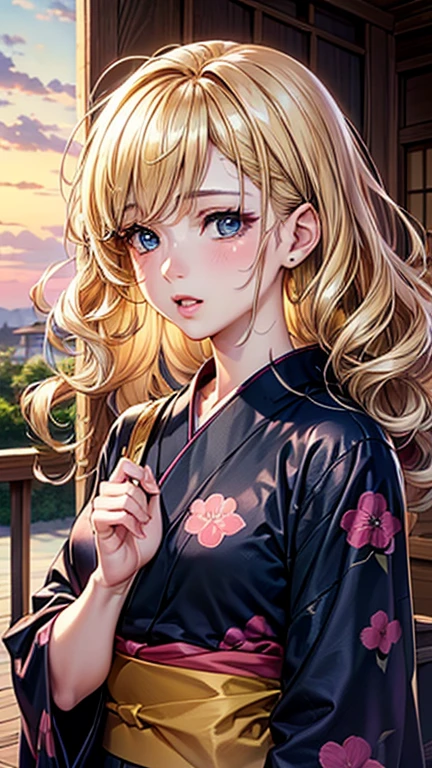 A girl is posing for a photo,pretty girl,Enchanting girl,Anime Girls,
(((One Girl,Baby Face,16 years old))),
BREAK 

((Camellia pattern black yukata:1.4,))、(Hairpin)、
BREAK 

((Blonde:1.4、Wavy Hair、Hair blowing in the wind、Semi-long hair:1.4)),
(Drooping eyes,blue eyes),(Small breasts),
BREAK 

(Beautiful Hair,Shiny Hair),
(Expression of fine eyes,Beautiful and delicate eyes,Sparkling eyes,Eye Reflexes),
(double eyelid,Long eyelashes),
(Beautiful Nose,Thin Nose),
(Glossy lips,Beautiful Lips,Thick lips),
(Symmetrical facial features,Perfect Face),(((Detailed skin,Oily skin,Textured skin,Beautiful Skin))),
BREAK 

(Open your mouth),
((evening、Porch of Japan house:1.4、Sunset、mosquito coil)),((Dynamic Pose、Upper Body Shot)),
BREAK 

(((highest quality)),((masterpiece)),((Very detailed))),((High resolution),(8k),(16k,1080p),(Anime 2D Rendering)),(Anatomically correct),
((Realistic)), (The best CG),Highly detailed art,CG illustration,
