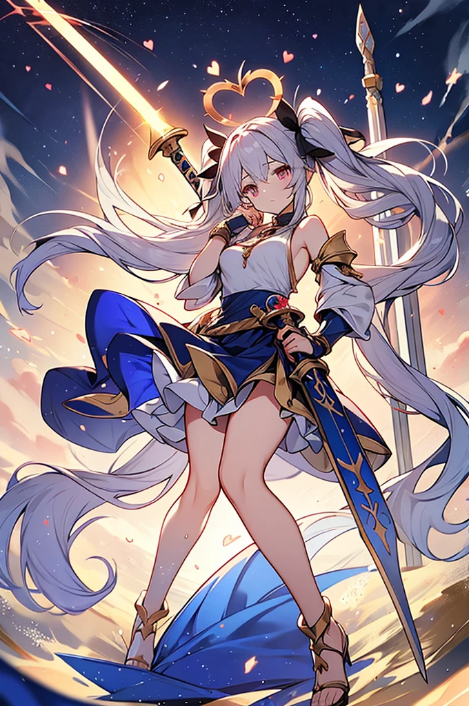 ishtar,Goddess of love and war,(heart-shaped halo floats overhead),
holding Lapis Lazuli Sword weapon in both hands,silver hair,long twintail hair,hyper  girl,Lapis Lazuli Gauntlets,