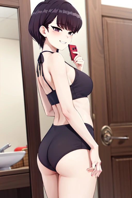 masterpiece, best quality, 1girl, solo, komi-san wa komyushou desu , short hair, slim body:1.5, show ass:.1.5, black bikini:1.2, looking at viewer, bathroom:1.2, grin smile:1.3, teeth, standing:1.2, selfie in mirror:1.3,