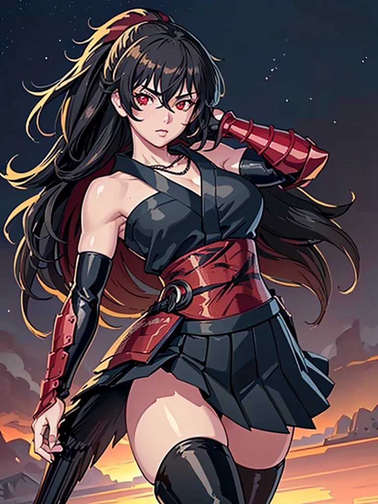 Anime, Girl, (((1girl))), (((Waifu, Raven Branwen, Raven Branwen Waifu))), (((Black Hair, Messy Hair))), ((Crimson Red Eyes eyes: 1.3, Upturned Eyes: 1, Perfect Eyes, Beautiful Detailed Eyes, Gradient eyes: 1, Finely Detailed Beautiful Eyes: 1, Symmetrical Eyes: 1, Big Highlight On Eyes: 1.2)), (((Lustrous Skin: 1.5, Bright Skin: 1.5, Skin Fair, Shiny Skin, Very Shiny Skin, Shiny Body, Plastic Glitter Skin, Exaggerated Shiny Skin, Illuminated Skin))), (Detailed Body, (Detailed Face)), Young, ta, (Best Quality), (((Bicep-high Gauntlets, Armored Boots, Thigh-high Heeled Boots, Armored Gauntlets))), (((Battle Kimono))), (((Skirt))), High Resolution, Sharp Focus, Ultra Detailed, Extremely Detailed, Extremely High Quality Artwork, (Realistic, Photorealistic: 1.37), 8k_Wallpaper, (Extremely Detailed CG 8k), (Very Fine 8K CG), ((Hyper Super Ultra Detailed Perfect Piece)), (((Flawless masterpiece))), Illustration, Vibrant Colors, (Intricate), High Contrast, Selective Lighting, Double Exposure, HDR (High Dynamic Range), Post-processing, Background Blur