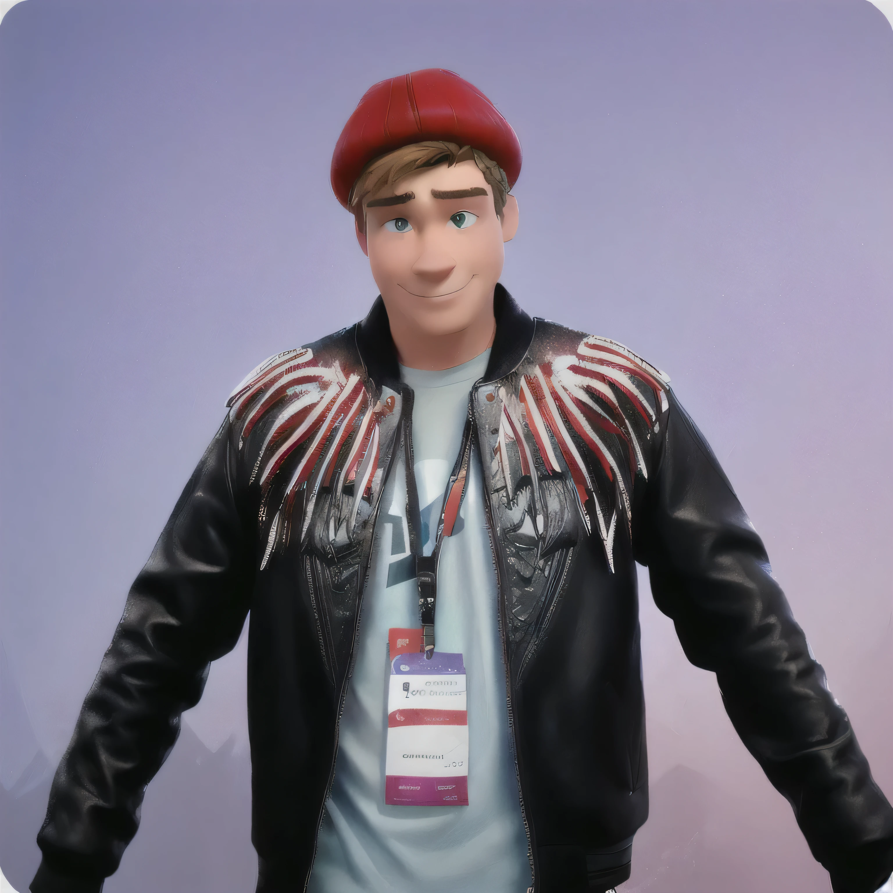 there is a man in a leather jacket and a red hat, Anton Fadeev style, Andrea Savchenko, style of Ilya Vivishinov, dmitry prozorov style, Anton Fedeyev, Ilya Kushinov's style, Gopnik in a black leather jacket, style of seb mckinnon, Darius Zavadski, Ivan Aivakovsky,pixar 3d
