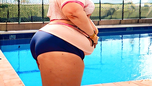 fat ssbbw curvy bottom heavy pear shaped wide hiped british women, 30 brunette, they are standing together near the pool, they are wearing tight low waisted leggings, and short sleeved button up hawaiian shirts, view from behind