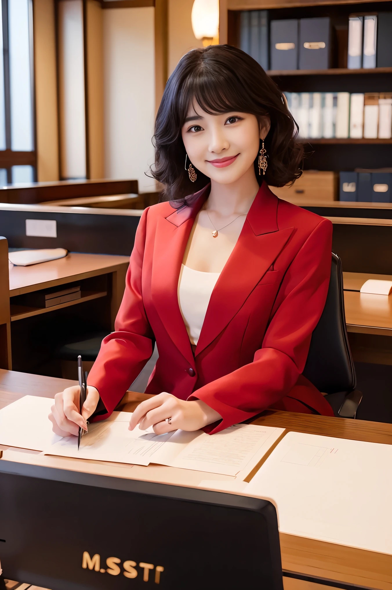 (ultra best quality、in 8K、masuter piece、delicate illustration、full body Esbian),Beautiful and bewitching Japanese office lady、Plump body、crimson formal suit、Curly black hair、A slight smil、Company Desk、