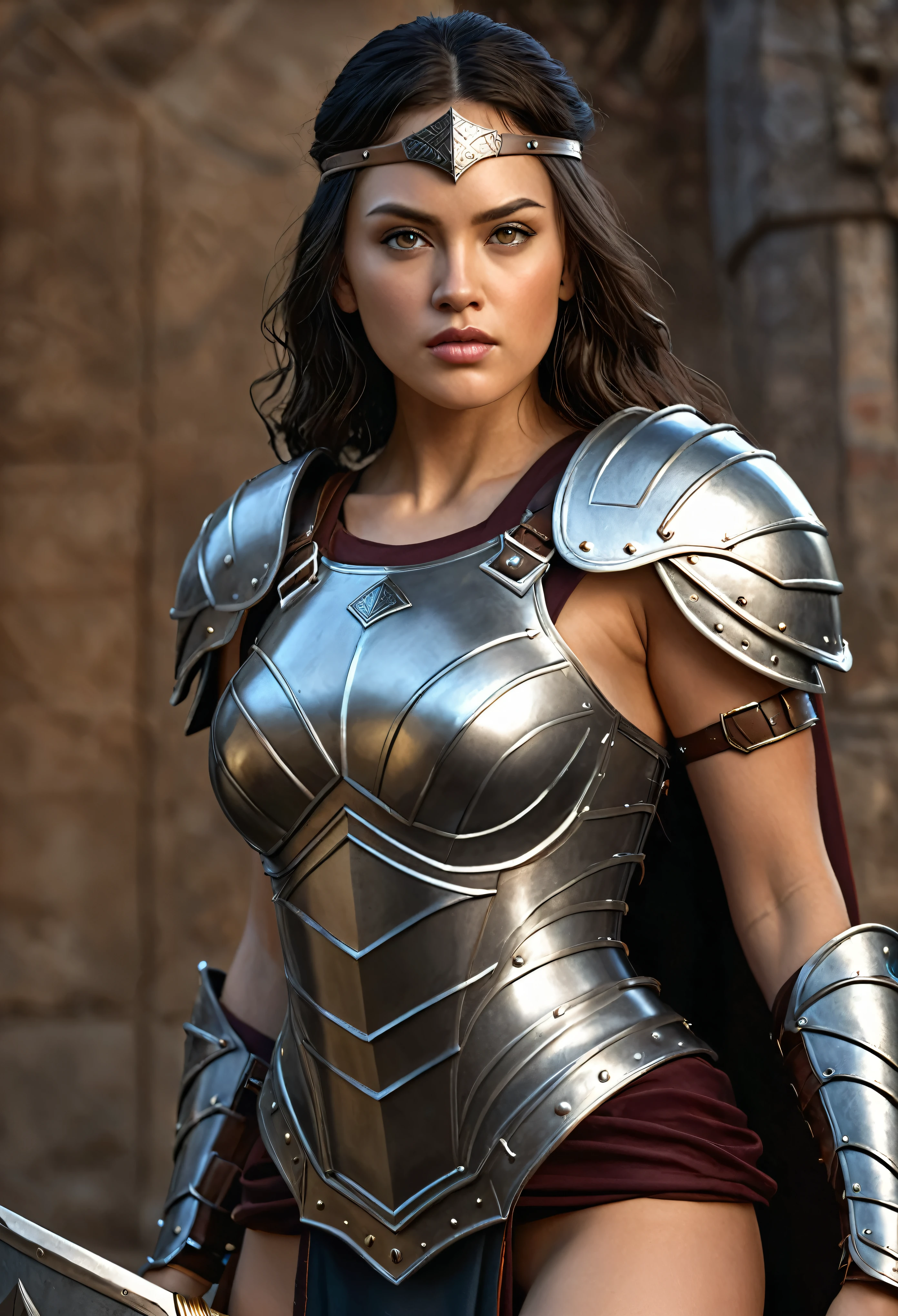 dark realistic, a sexy Amazon warrio holding a shield, she is wearing a seductive hip slit armour gown, (best quality,4k,highres,masterpiece:1.2),ultra-detailed,(realistic,photorealistic:1.37)