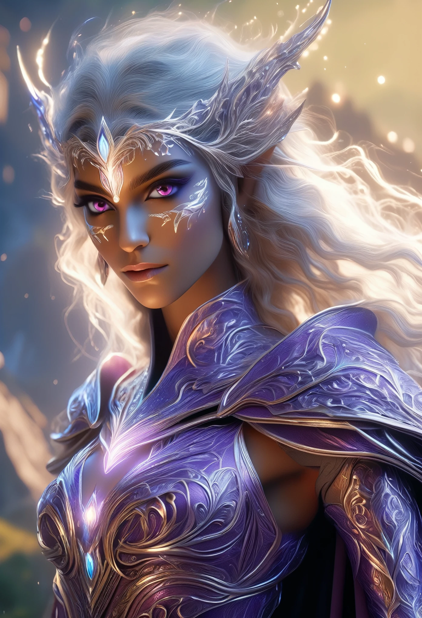 (best quality,4k,8k,highres,masterpiece:1.2),ultra-detailed,(realistic,photorealistic,photo-realistic:1.37), a beautiful young female dark elf mage with long flowing hair, elegant robes, and a mystical aura, (intricate magical effects:1.4), (glowing magical energy:1.5), detailed fantasy landscape with towering mountains, lush forests, and magical ruins, cinematic lighting, dramatic camera angles, (best quality,4k,8k,highres,masterpiece:1.2),ultra-detailed,(realistic,photorealistic,photo-realistic:1.37),fantasy, magic, highly detailed magical girl beautiful detailed eyes, beautiful detailed lips, extremely detailed eyes and face, long eyelashes, dramatic lighting, cinematic composition, dynamic pose, stunning colors, digital painting, beautiful purple eyes, magic wand, toned beautiful thighs, symmetrical face