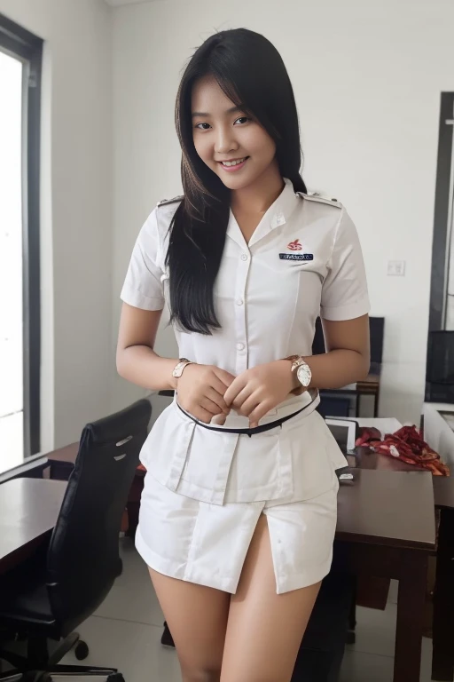 ((Best quality, Masterpiece, 8K)),  Indonesian girl. Wear Indonesian high . White shirt, gray skirt. Black belt. Beauty,  half layered hair. Sitting on the chair of classroom, Open leg apart. Smile. Full body. White panties. Visible white panties. View on camera