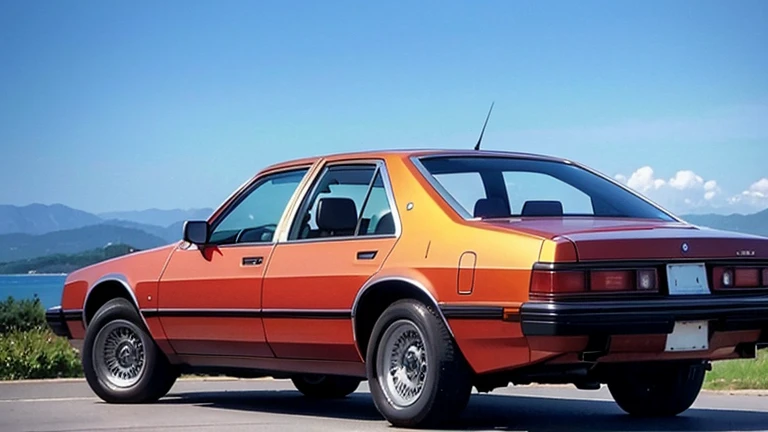 1 car, 1980s style, luxury sedan, rear view, fantasy, futuristic