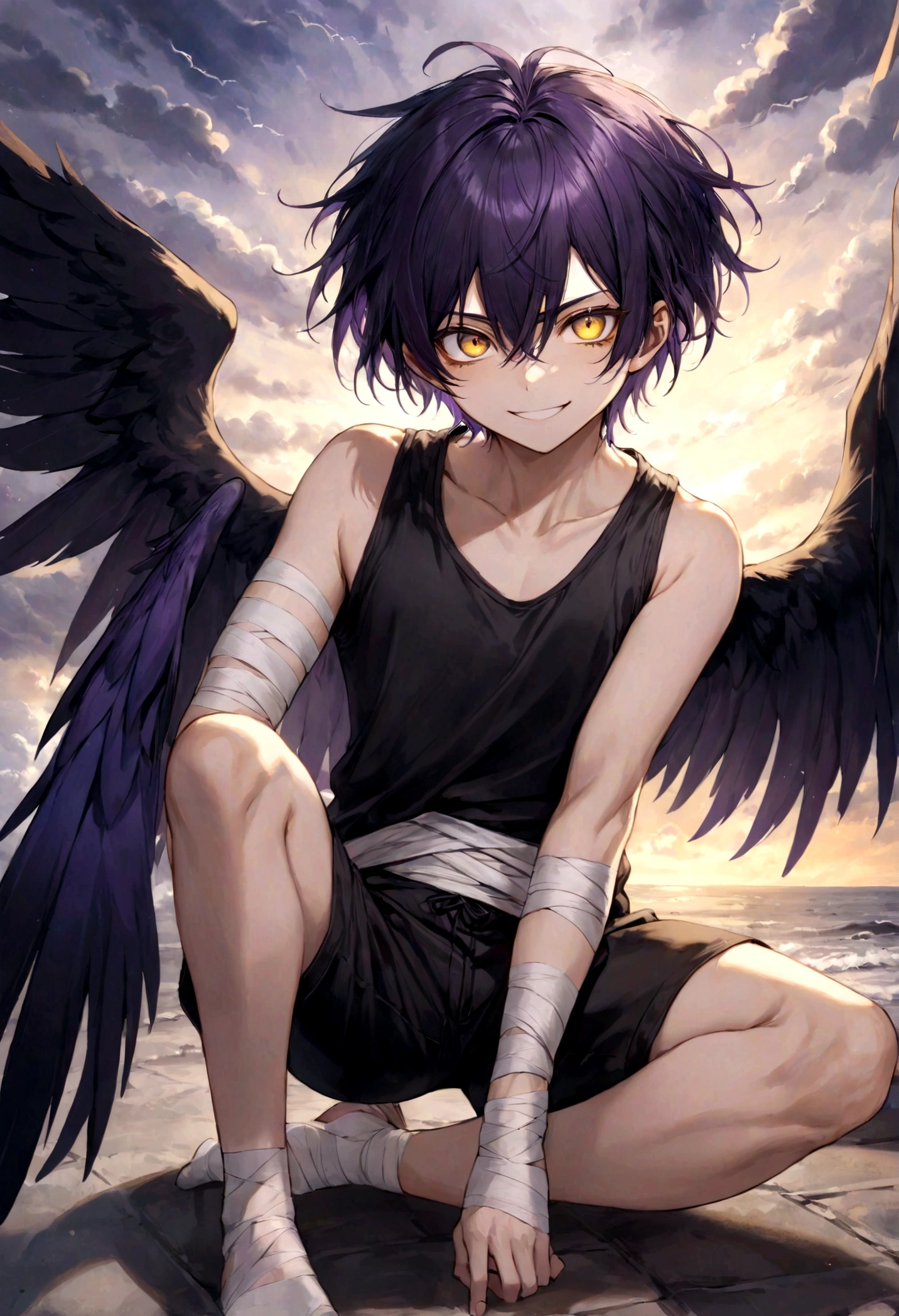 ((top-quality)), ((​masterpiece)), ((ultra-detailliert)), (extremely delicate and beautiful), harpy boy, bandages on feet, mischievous smile, dark purple hair, golden eyes, constricted pupils, dark purple wings, well fitted black tank top, dark black shorts, stormy sky background