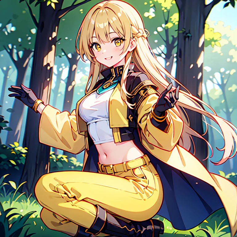 a girl with bright skin and yellow-orange blond, about girl with long striaght hair, pretty smile with bright yellow eye, priestess wearing a long yellow tailcoat showing navel, ankle-long yellow cotton pants, platinum metal gauntlet on left hand, knee-high leather boots, forest road background, shaking a hand to the front