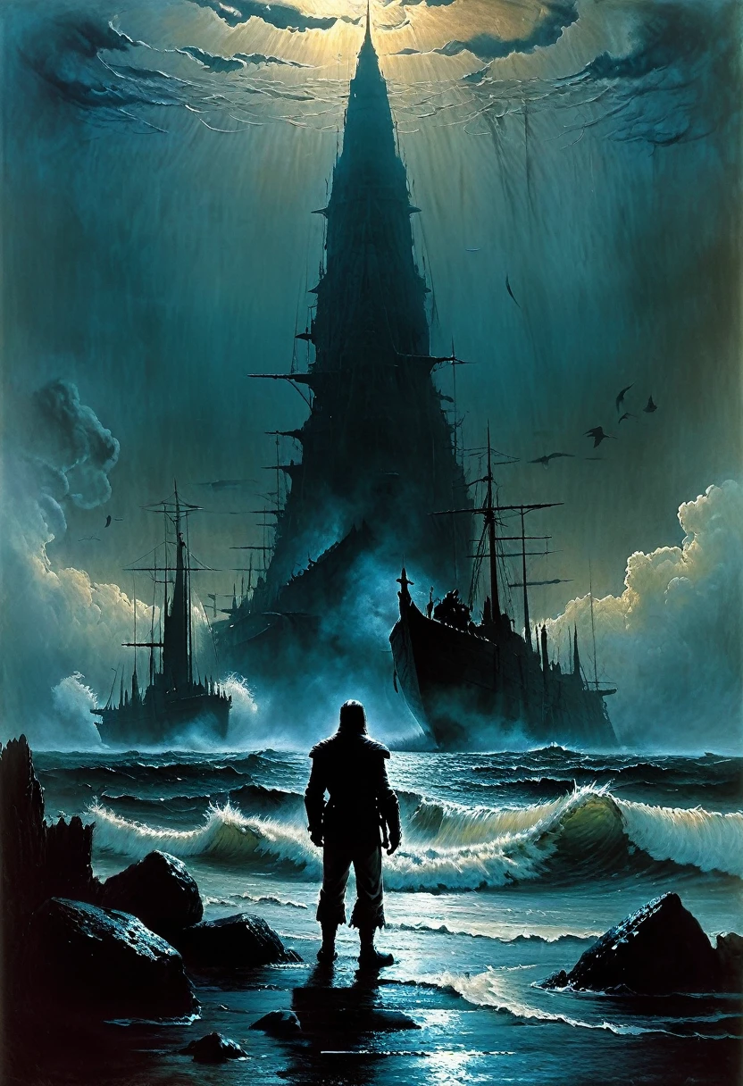 Frank Frazetta, Aykut Aydogdu, Pino Daeni, Charlie Bowett, Albert Joseph Penaud, Ray Caesar, Tetsuya Ishida. Zdzislaw Beksinski. of the sea. Masterpiece. Best quality. A beautiful cinematic impressionistic painting.

