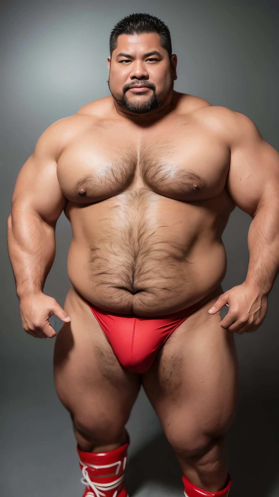 black hair, middle-aged man, individual, male, Muscular wrestler, muscular, Stout wrestler, Asian, Japanese, uncle, 55 year old middle-aged man, short hair, short hair, red wrestling boots, full body portrait, shadow, Vision, red briefs, obesity, 45 years old, short beard, middle-aged man, tattoo, fingerless gloves, Wheat skin, shiny skin, dark skin, Show your pectoral muscles, sumo wrestler, bodybuilder, wide temples, Visible abdominal muscles, Smile, Fine hands, solid color background, pure white background, Surrealism, Panorama, 8k, super detail,
