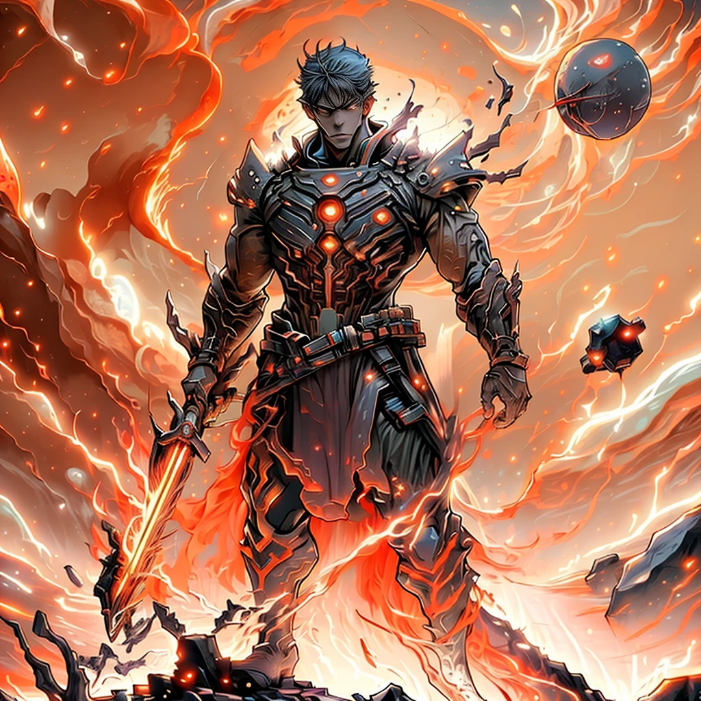 Draw a young wizard warrior on a platform in space floating in the middle of an asteroid belt. He is holding an energy sword, surrounded by an aura glowing with fiery auras. Dramatic lighting from distant stars and planets illuminates the scene, casting deep shadows on the suit. The young man looks confident and determined, looking at the vast and mysterious universe with admiration and respect, facial hair