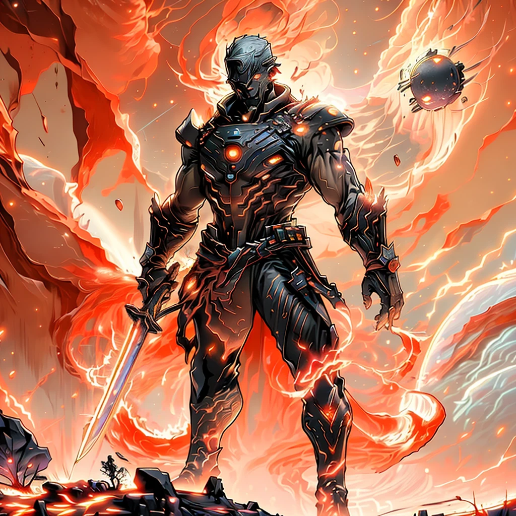 Draw a young wizard warrior on a platform in space floating in the middle of an asteroid belt. He is holding an energy sword, surrounded by an aura glowing with fiery auras. Dramatic lighting from distant stars and planets illuminates the scene, casting deep shadows on the suit. The young man looks confident and determined, looking at the vast and mysterious universe with admiration and respect, facial hair