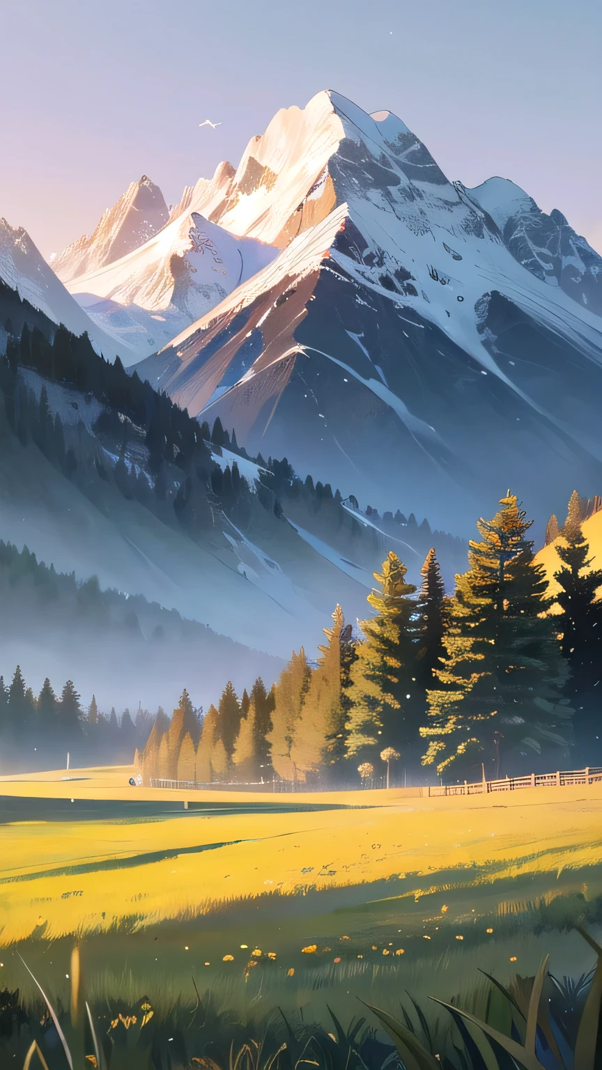 Green scenery, beautiful mountain ranges, snow white mountain peaks, morning atmosphere, birds flying gracefully, expanse of grass , forest