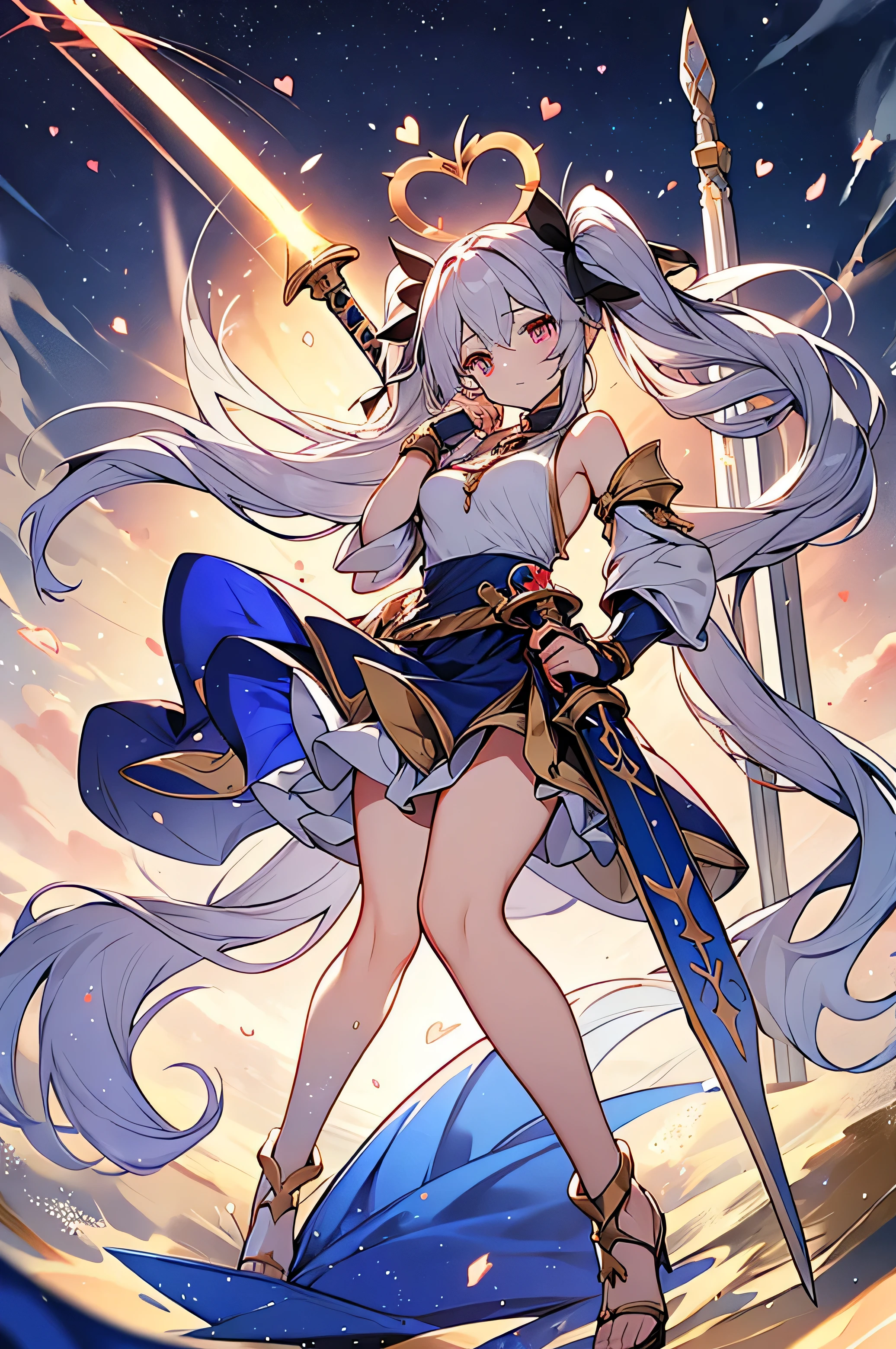 ishtar,Goddess of love and war,(heart-shaped halo floats overhead),
holding Lapis Lazuli Sword weapon in both hands,silver hair,long twintail hair,hyper girl,Lapis Lazuli Gauntlets,