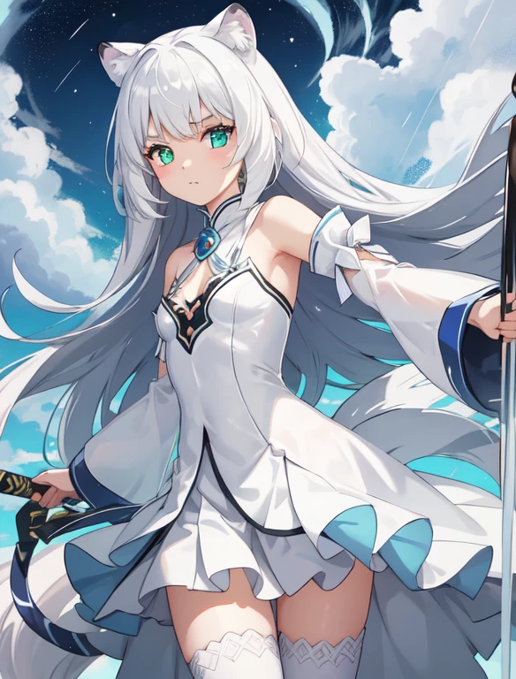 A small 10-year-old girl with a flat AA-size chest. Her proportions include an extremely flat chest. She has heterochromia, her right eye is a deep emerald green, and her left eye is bright diamond blue. Her features include snow-white hair fluttering behind her, ears of a white tiger atop her head, and a tail of a white tiger. She sports a flowing white cloak that billows behind her and dual-wields two white swords. Her stance is confident and mature, her expression focused and calm. Her clothes cover her completely. Make sure to include a tail of a white tiger on her tailbone. no animals in picture, angel-like cuteness. She is slashing her swords horizontally