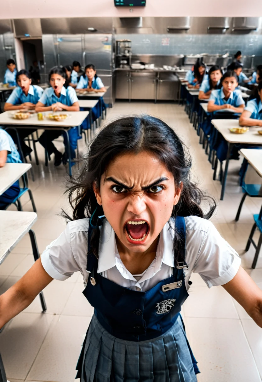 A ferocious girl in school canteen with an angry expression, mid shot, (masterpiece, best quality, Professional, perfect composition, very aesthetic, absurdres, ultra-detailed, intricate details:1.3)
