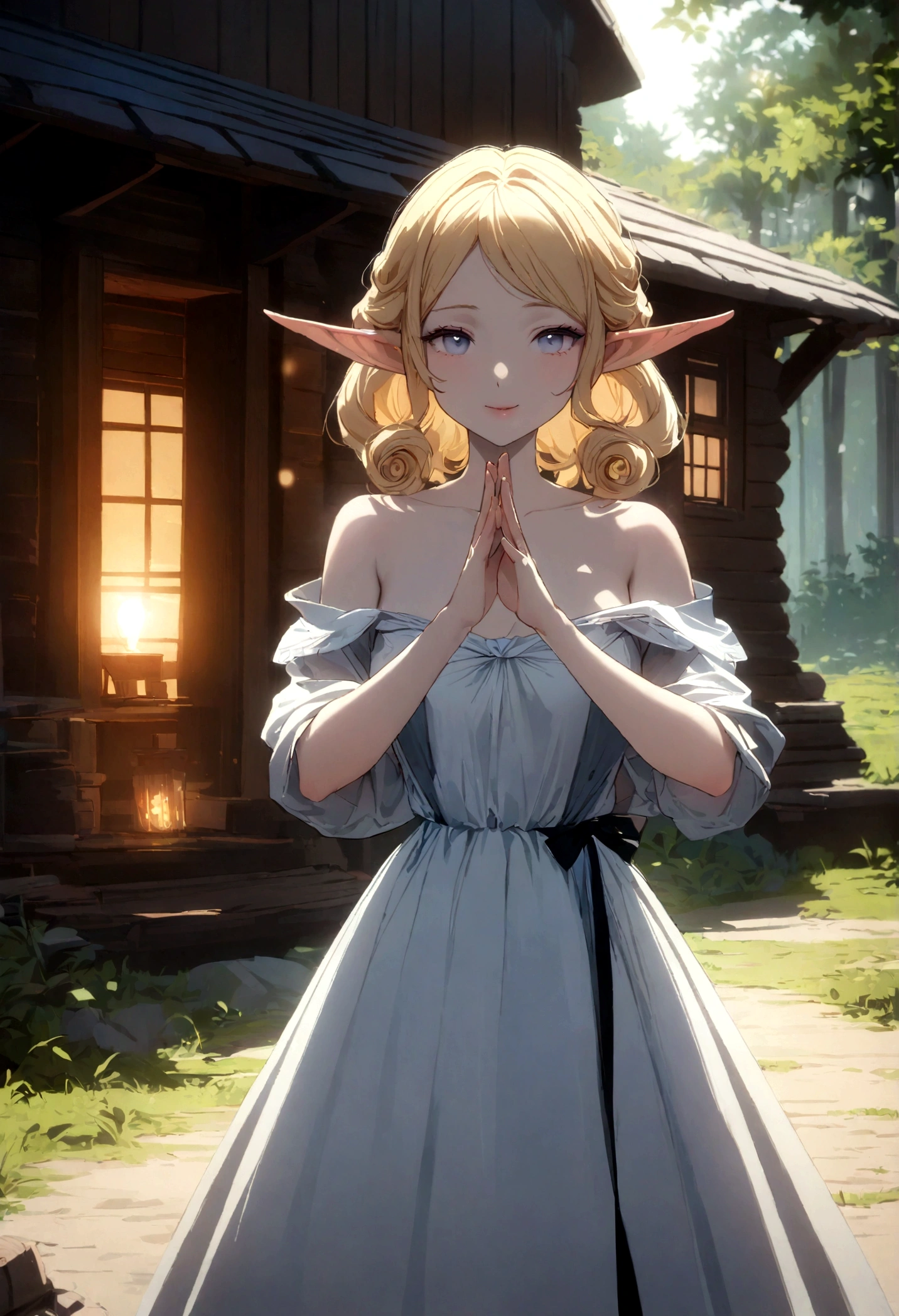 (8k), (masterpiece), (best quality), (super details), (award winning), (game illustration), (greeting face), lens flare, glowing light, woman in a noble dress standing in the woods, modeling shoot, beautiful girl, elf girl, (beautiful face), slender blonde girl, pale skin curly blond hair, (off shoulder), (wood cabin in background)