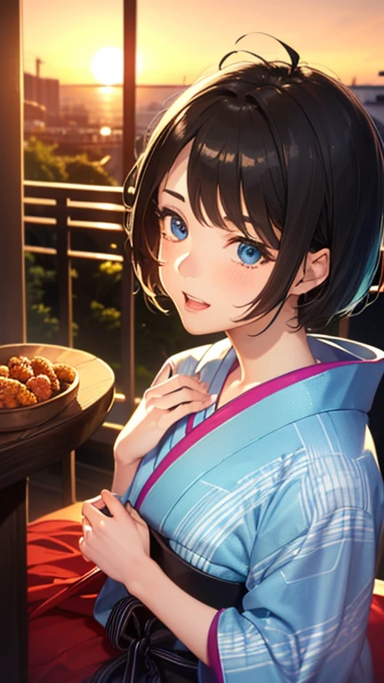A girl is posing for a photo,pretty girl,Enchanting girl,Anime Girls,
(((One Girl,16 years o
((Geometric pattern light blue yukata:1.4,))、(White Headband)、
BREAK
((Black Hair:1.4、Short Hair:1.4)),
(Drooping eyes,blue eyes),(Small breasts),
BREAK
(Beautiful Hair,Shiny Hair),
(Expression of fine eyes,Beautiful and delicate eyes,Sparkling eyes,Eye Reflexes),
(double eyelid,Long eyelashes),
(Beautiful Nose,Thin Nose),
(Glossy lips,Beautiful Lips,Thick lips),
(Symmetrical facial features,Perfect Face),(((Detailed skin,Oily skin,Textured skin,Beautiful Skin))),
BREAK
(Laughing with your mouth open),
((evening、Porch of Japan house:1.4、Sunset、mosquito coil)),((Dynamic Pose、Upper Body Shot)),
BREAK
(((highest quality)),((masterpiece)),((Very detailed))),((High resolution),(8k),(16k,1080p),(Anime 2D Rendering)),(Anatomically correct),
((Realistic)), (The best CG),Highly detailed art,CG illustration,