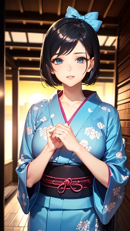 A girl is posing for a photo,pretty girl,Enchanting girl,Anime Girls,
(((One Girl,Baby Face,16 years old))),
BREAK 

((Geometric pattern light blue yukata:1.4,))、(White Headband)、
BREAK 

((Black Hair:1.4、Short Hair:1.4)),
(Drooping eyes,blue eyes),(Small breasts),
BREAK 

(Beautiful Hair,Shiny Hair),
(Expression of fine eyes,Beautiful and delicate eyes,Sparkling eyes,Eye Reflexes),
(double eyelid,Long eyelashes),
(Beautiful Nose,Thin Nose),
(Glossy lips,Beautiful Lips,Thick lips),
(Symmetrical facial features,Perfect Face),(((Detailed skin,Oily skin,Textured skin,Beautiful Skin))),
BREAK 

(Laughing with your mouth open),
((evening、Porch of Japan house:1.4、Sunset、mosquito coil)),((Dynamic Pose、Upper Body Shot)),
BREAK 

(((highest quality)),((masterpiece)),((Very detailed))),((High resolution),(8k),(16k,1080p),(Anime 2D Rendering)),(Anatomically correct),
((Realistic)), (The best CG),Highly detailed art,CG illustration,
