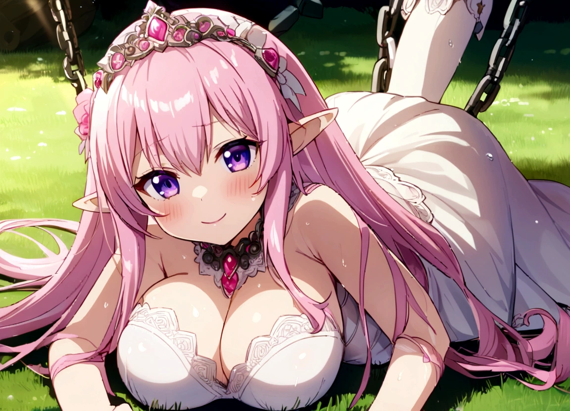 pink hair elf girl , small girl, one girl, pink wedding dress, face on camera, tight shirt, show large chest, dark isekai, shy girl, pitiful face, face forward to camera, bent pose, asking pose, pink cheeks, half body, body on big chain, smile, purple eyes, no nails, pink blushes, lying on grass, very big breast, cleavage, wet breast, leg_up, lot of iron chains, anime girl leans forward, lying grass, looking at viewer