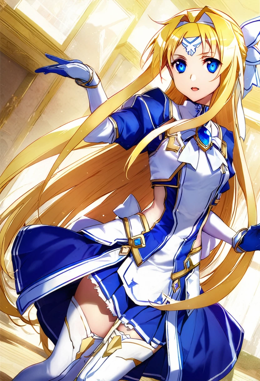 highest quality、unity 8k wallpaper、32k、masterpiece、Very detailed、Ultra-high resolution、Very detailedな顔、RAW Photos、Professional、Ultra-fine painting、Magical Integrity Knight Alice Synthesis Thirty、alice zuberg、Blonde Long Hair、White headband、White Hair Ribbon、Blue Eyes、blue magical girl costume、Blonde Long Hair、White headband、White Hair Ribbon、White ribbon with a large sapphire brooch、Blue pleated skirt、Blue and white long gloves、Blue and white thigh-high stiletto boots with gold moulding、