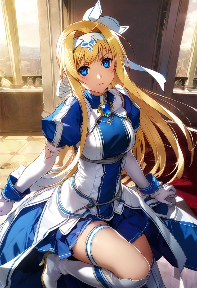 highest quality、unity 8k wallpaper、32k、masterpiece、Very detailed、Ultra-high resolution、Very detailedな顔、RAW Photos、Professional、Ultra-fine painting、Magical Integrity Knight Alice Synthesis Thirty、alice zuberg、Blonde Long Hair、White headband、White Hair Ribbon、Blue Eyes、blue magical girl costume、Blonde Long Hair、White headband、White Hair Ribbon、White ribbon with a large sapphire brooch、Blue pleated skirt、Blue and white long gloves、Blue and white thigh-high stiletto boots with gold moulding、