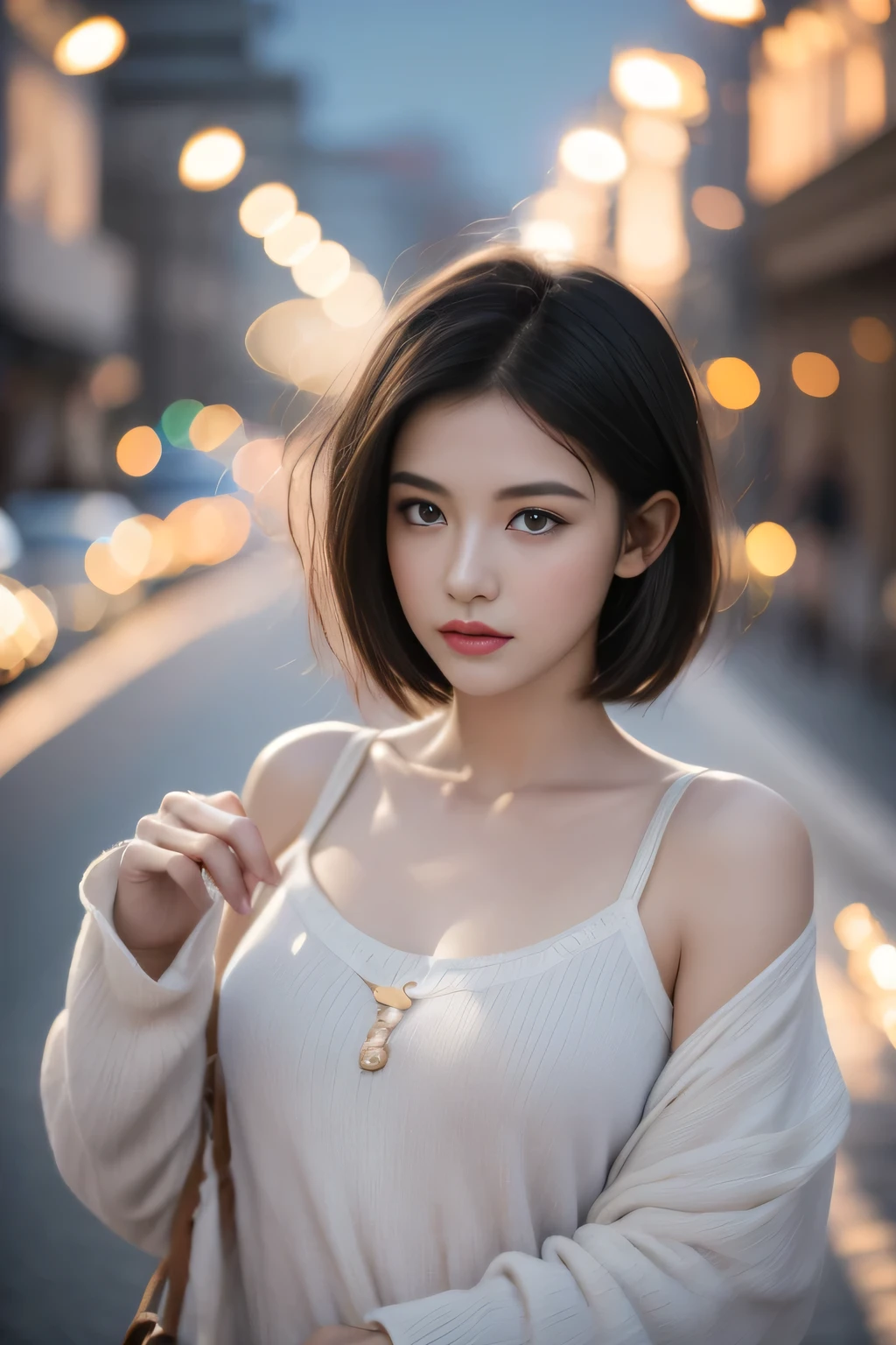 (Half-length photo,Street Lights,moon),masterpiece, 1 girl, Solo Exhibition, Beautiful woman on busy street, There are vendors all around, Beautiful goddess girl portrait, Beautiful and delicate face, Porcelain skin, (((Half-length photo, center, night, Black Hair, short hair)), Super soft light, symmetry, complicated, grace, High Detail, realism, Art, concept Art,