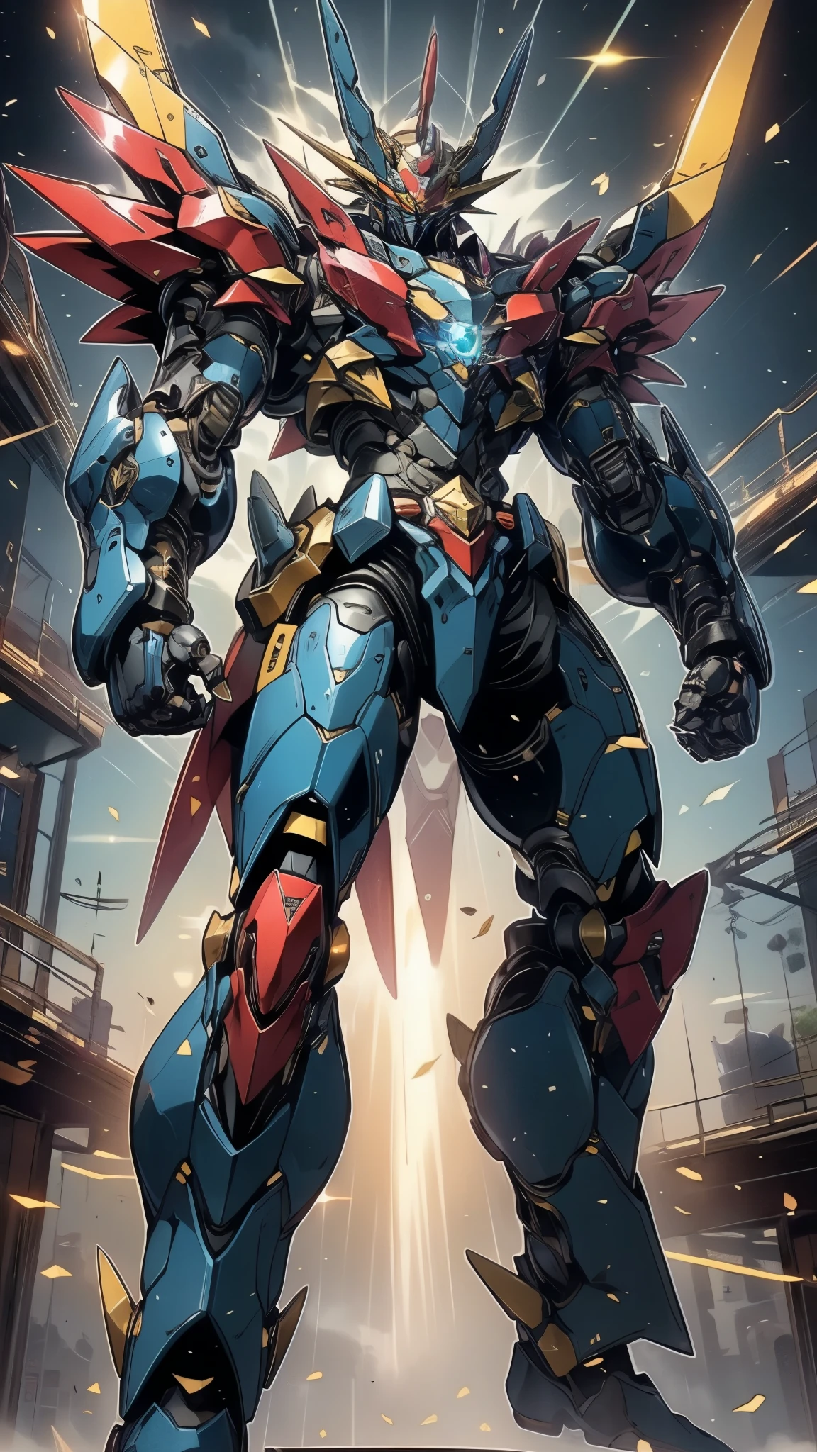 Humanoid Mecha, fully enclosed shoulder guards, matching arm and leg guards, full body, full armor, super robot, the design balances heavy with agility, (the color scheme is primarily white with red and blue accents, the concept Inspired by super robot, Lion concept chest armor, pose, standing, floating high above the futuristic sci-fi city), exquisite and mature art style, (aura effect, energy, glowing eyes, the armor glows), ((SRS)), metallic, dramatic, high definition, best quality, highres, ultra-detailed, ultra-fine painting, extremely delicate, professional, perfect body proportions, anatomically correct, symmetrical face, extremely detailed eyes and face, high quality eyes, creativity, RAW photo, UHD, 32k, Natural light, cinematic lighting, masterpiece-anatomy-perfect, masterpiece:1.5