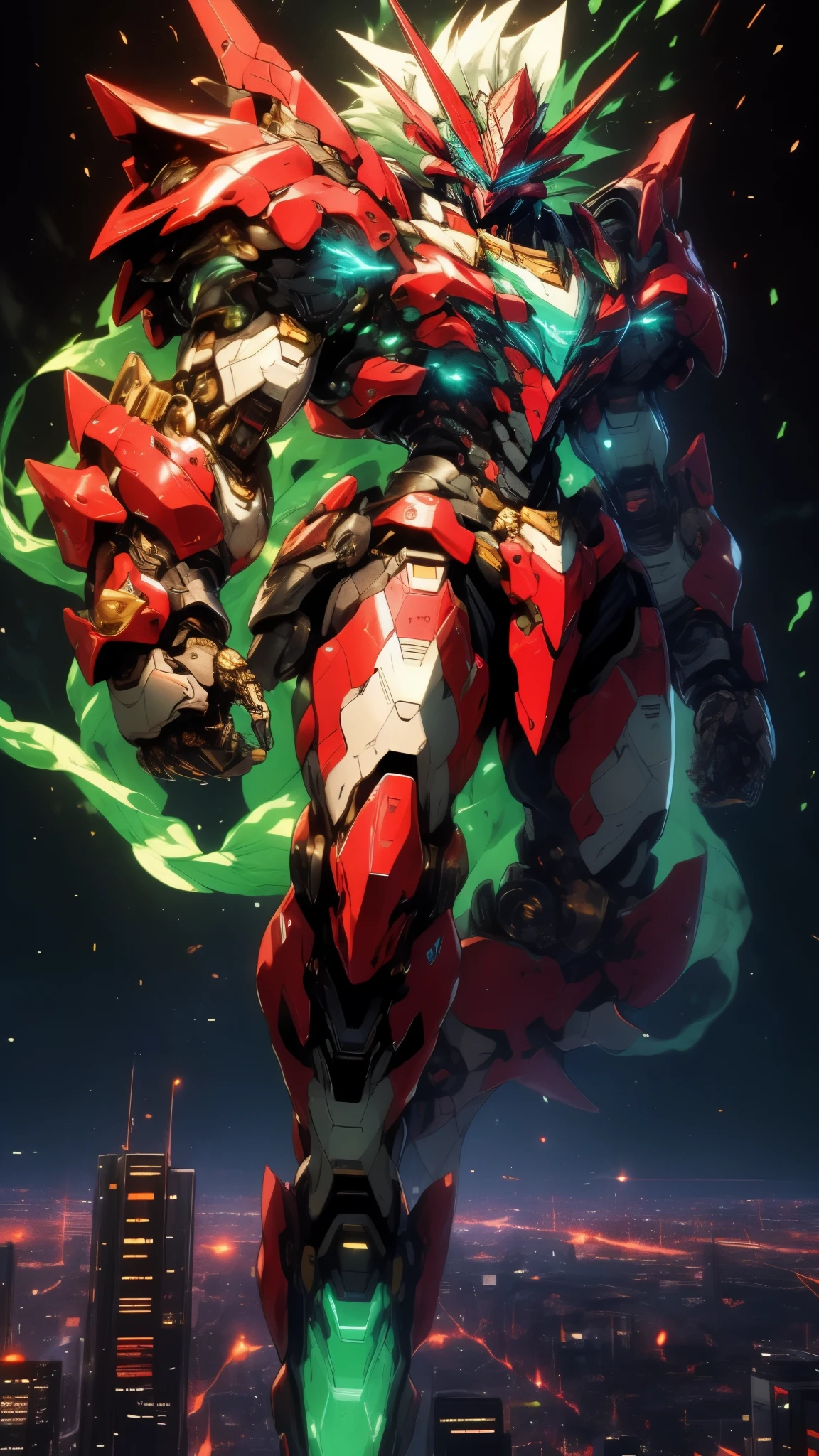 Humanoid Mecha, fully enclosed shoulder guards, matching arm and leg guards, full body, full armor, super robot, the design balances heavy with agility, (the color scheme is primarily white with red and blue accents, the concept Inspired by super robot, Lion concept chest armor, pose, standing, floating high above the futuristic sci-fi city), exquisite and mature art style, (aura effect, energy, glowing eyes, the armor glows), ((SRS)), metallic, dramatic, high definition, best quality, highres, ultra-detailed, ultra-fine painting, extremely delicate, professional, perfect body proportions, anatomically correct, symmetrical face, extremely detailed eyes and face, high quality eyes, creativity, RAW photo, UHD, 32k, Natural light, cinematic lighting, masterpiece-anatomy-perfect, masterpiece:1.5
