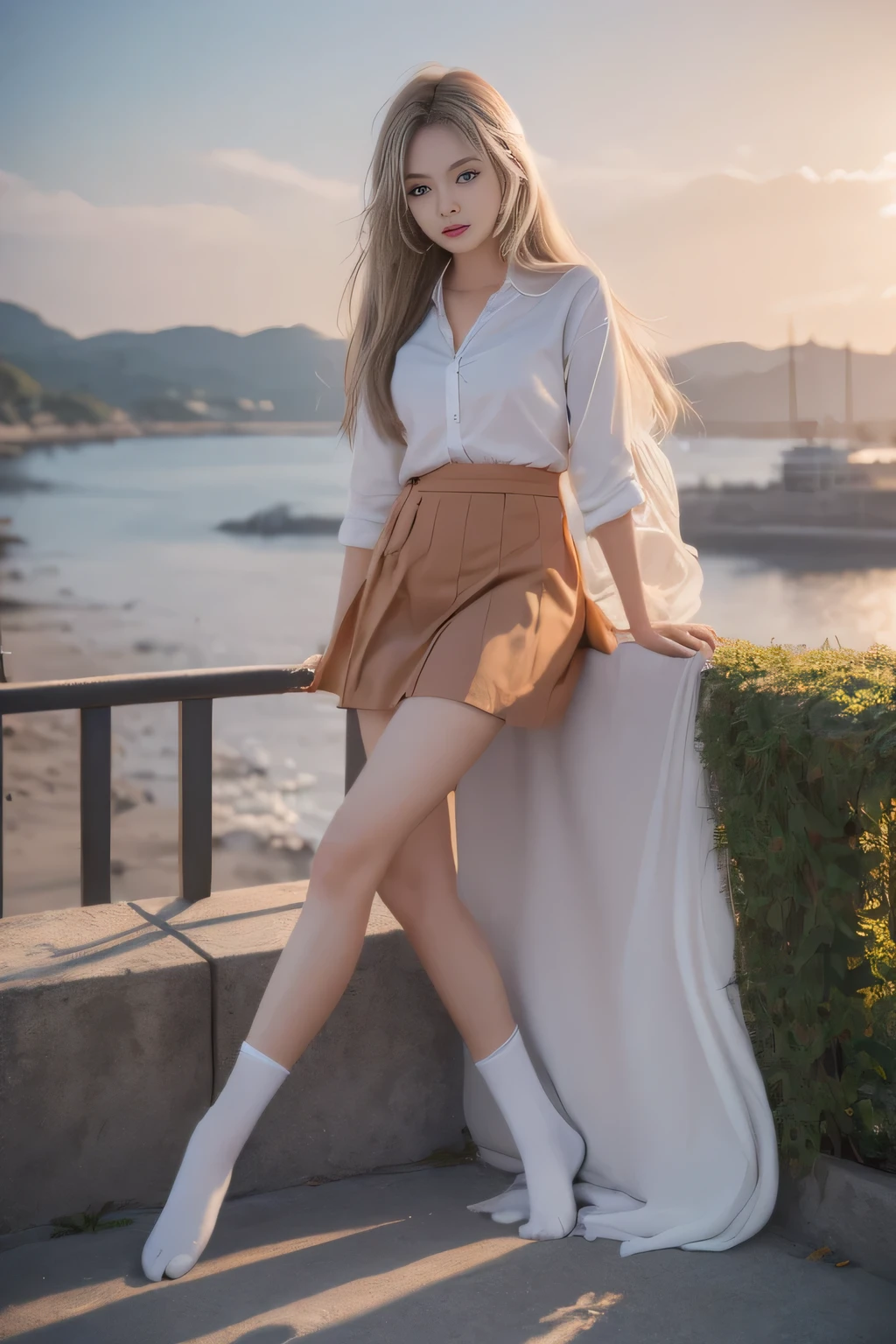 ((masterpiece)), ((best quality)), ((High resolution)), ((Extremely detailed CG unity 8k wallpaper)), Solitary, Orange, Tan school uniform, Black skirt, White socks, outdoor, Face, beach, Downy hair, parted hair, Silver Hair