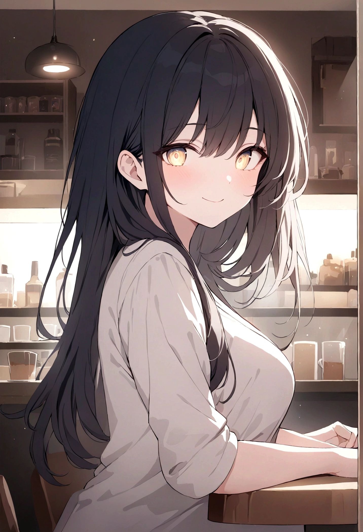 (masterpiece:1.5),(Beat quality),(high res),1girl solo,beautiful face,smile,(shining eyes),upper body,light effects,Woman in plain clothes,The background is a cafe