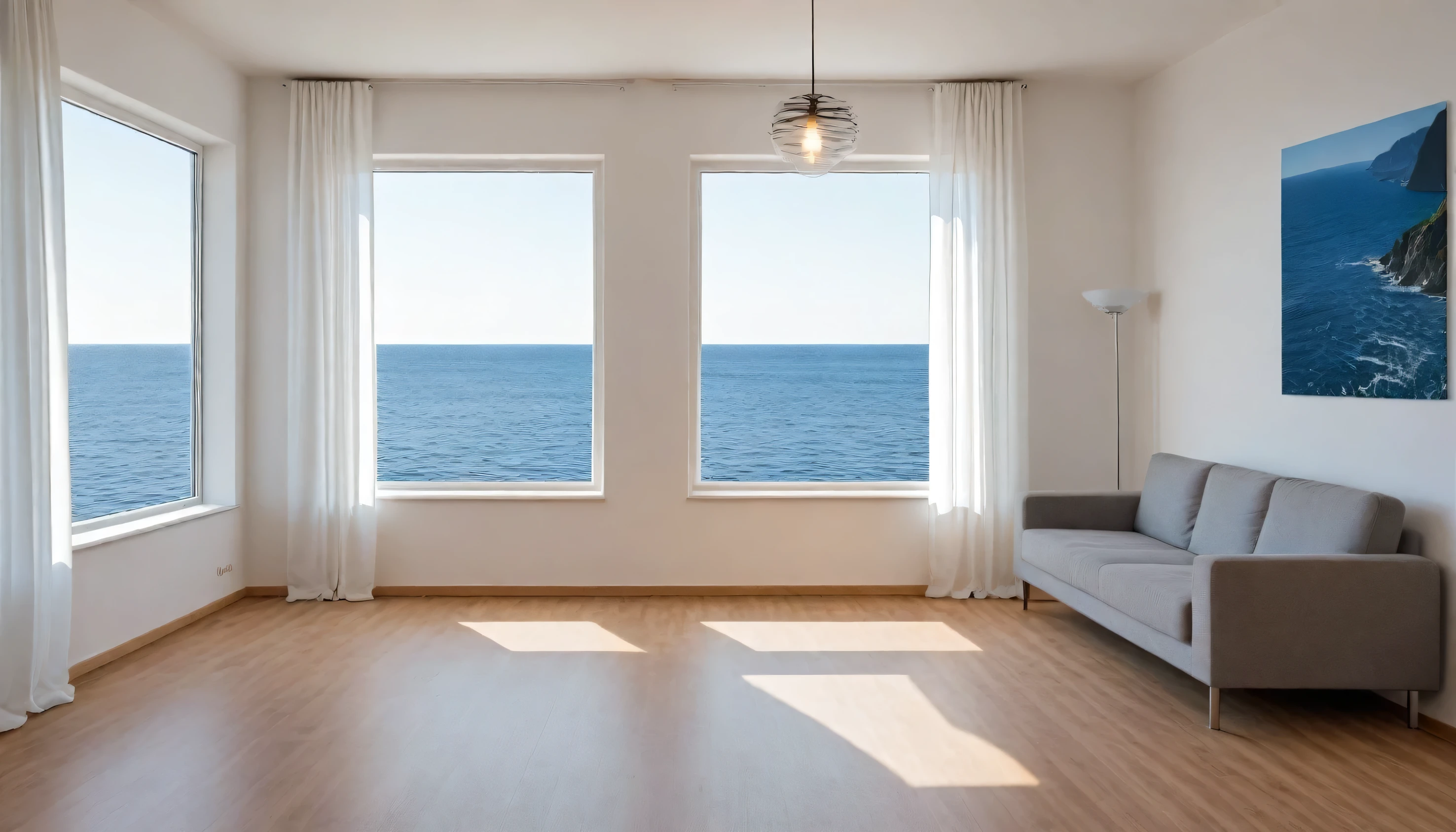 Describe a realistic and detailed image of a modern German living room with the following features: white curtains, wooden floors, white wallpaper, a pendant light, a comfortable sofa, and a poster of a ocean scene. The room should be well-lit by daylight, specifically the morning sun. The image should be rendered in 16K resolution with exquisite detail. Make the image aesthetically pleasing." This modified prompt is more specific and clear, making it easier for the LLM model (such as ChatGPT) to generate an accurate and detailed image that meets the requirements.
