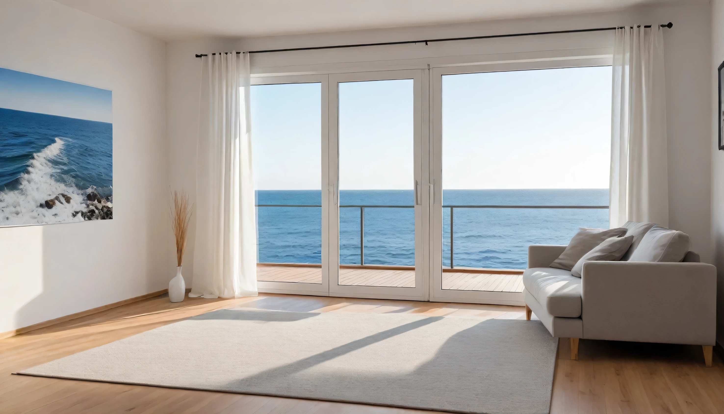 Describe a realistic and detailed image of a modern German living room with the following features: white curtains, wooden floors, white wallpaper, a pendant light, a comfortable sofa, and a poster of a ocean scene. The room should be well-lit by daylight, specifically the morning sun. The image should be rendered in 16K resolution with exquisite detail. Make the image aesthetically pleasing." This modified prompt is more specific and clear, making it easier for the LLM model (such as ChatGPT) to generate an accurate and detailed image that meets the requirements.