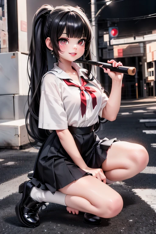 // Character
an angry schoolgirl, black hair, large hair, intrincated hairstyle, floating hair,
// Clothing
schoolgirl uniform, pleated skirt, white loose uniform shirt, white socks,
// Fashion
choke, big earrings, wrist bands,
// Make_up
red smokey eyes make_up, red lips, camouflage face black stripes,
// Footwear
black mary-janes, chunky heels mary_janes,
// Pose
holding a baseball_bat,
// Background
city at night, night scene,
// Style
beautiful detailed skin, (cute:1.2), (depth of field), soft light, Lens Glow, movie scene, cinematic, full colors, 4k, 8k, 16k, RAW photo, masterpiece, professionally color graded, professional photography,