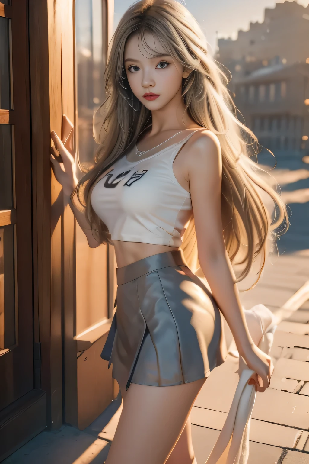 ((masterpiece)), ((best quality)), ((High resolution)), ((Extremely detailed CG unity 8k wallpaper)), Solitary, Orange, Tan school uniform, Black skirt, White socks, outdoor, Face, beach, Downy hair, parted hair, Silver Hair