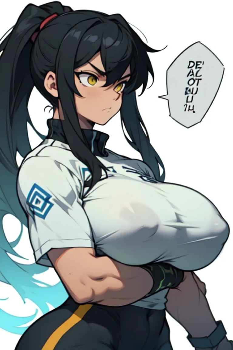 muscular woman massive breasts (determined determined determined determined) pale skin black hair yellow eyes solo
