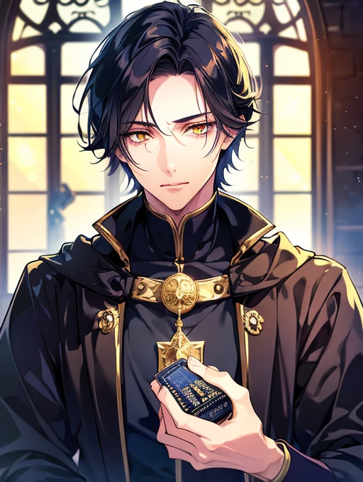 ‪ (masterpiece, 8k, Absurd, Digital Art, Digital Illustration, Realistic, Very detailed, Realistic lighting), (Perfect Face, Perfect Eyes, Perfect body), male性,1 person, Adult,male性的な, Golden Eyes,good looking, Sharp features,male, Messy black hair with bangs, 暗いGolden Eyes,Beautiful Face, Dark Sorcerer, Court Magician, Medieval Fantasy, Calm expression,sexy,adult,Adult