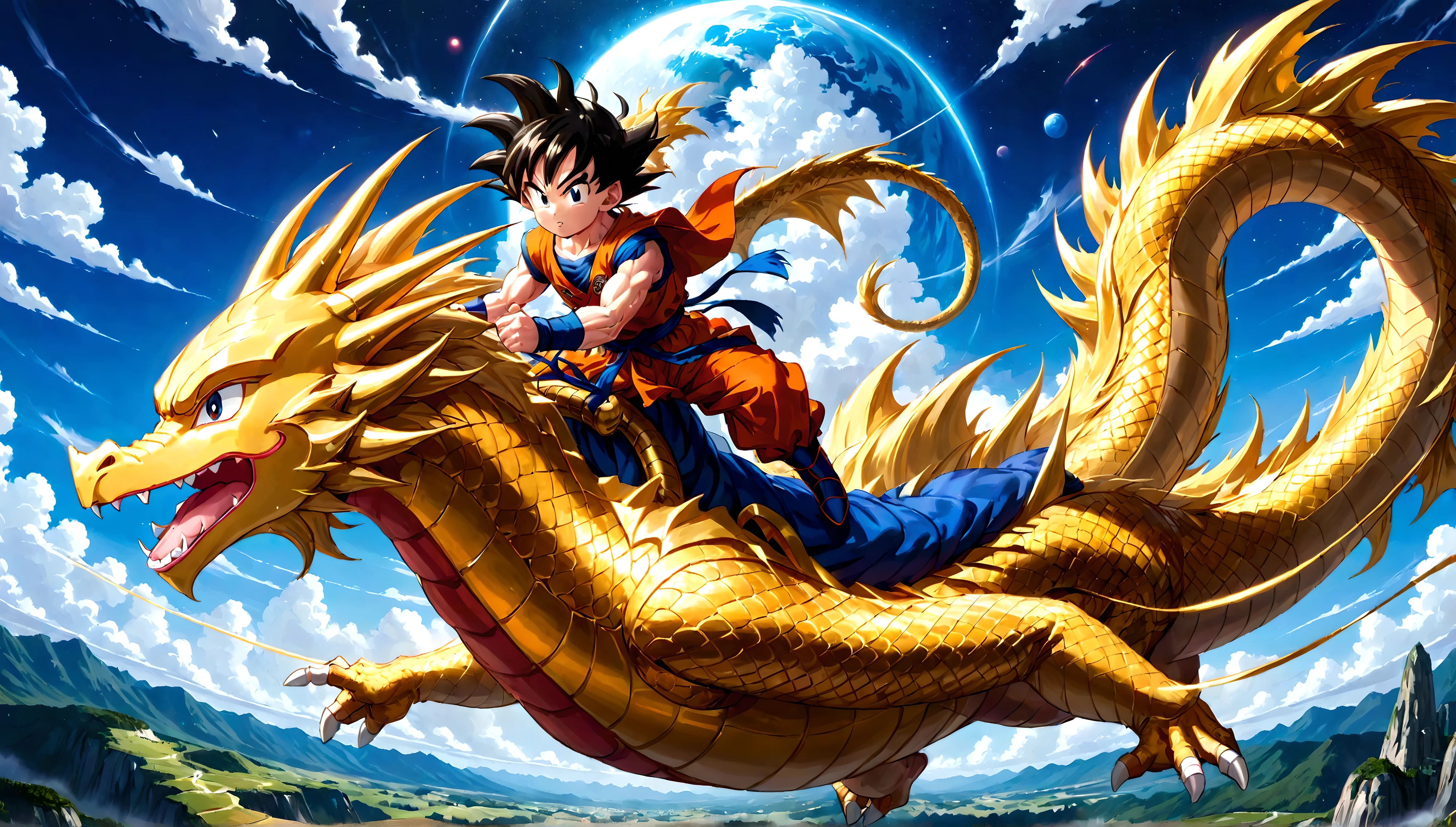 Dragon Ball, Goku flying astride a golden dragon