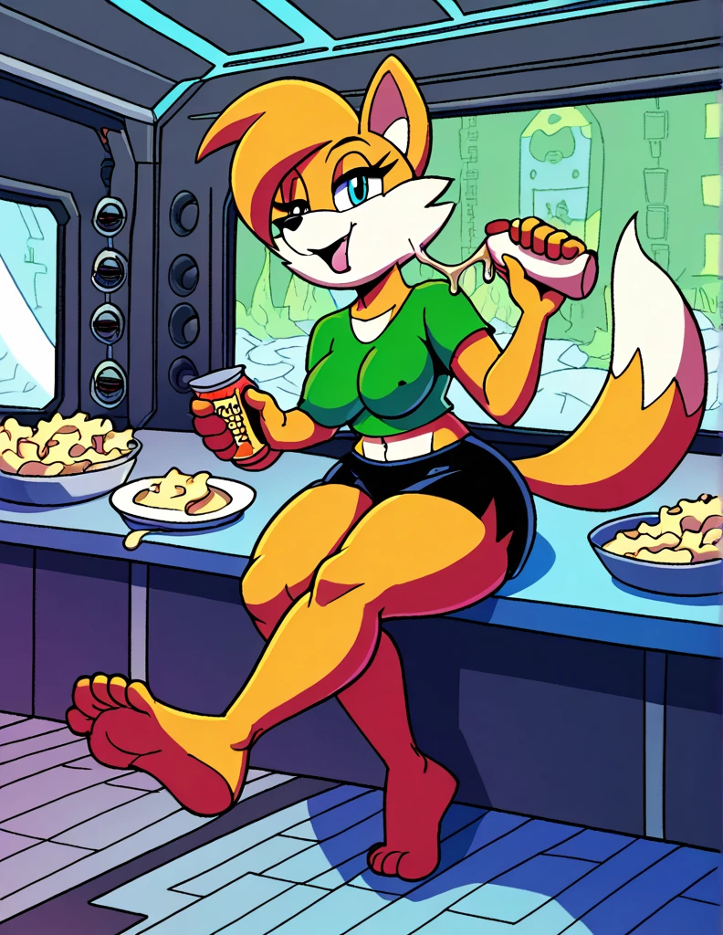 Anthro, female, fox.popvil, wearing black shorts, turquoise Italy green shirt, has thick thighs, extremely detailed legs and thighs, eating a mozzarella string cheese, sitting down on a code, crossed legs, barefoot, cyberspace environment,
