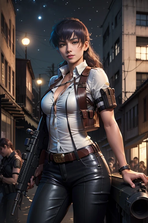 (highest quality、Ultra-high resolution、masterpiece、8K)、((Realistic、Ultra-realistic、Realistic)), anime「Black Lagoon」Roberta, 1 girl 、Portrait、Young and very beautiful woman、gun at you , sniper rifle, Aiming at the audience, holding 銃, (fine real gun) 、Collared shirt、pants、boots、Cleavage、Grin、(Delicate face、Detailed eyes and face、double eyelid、Red lips)、(Slim Waist、Sharp long legs)、City night view、Starry Sky、Wind、moon