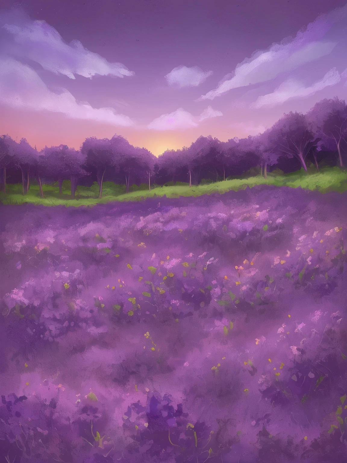 purple flowers in the foreground with a purple sky in the background, background art, violet sky, random background scene, purple sunset, purple hues, soft purple glow, twilight ; digital painting, background artwork, purple sky, soft lilac skies, at purple sunset, soft digital painting, floral sunset, mood painting, dawn background, purple mist, detailed digital painting, purple glow