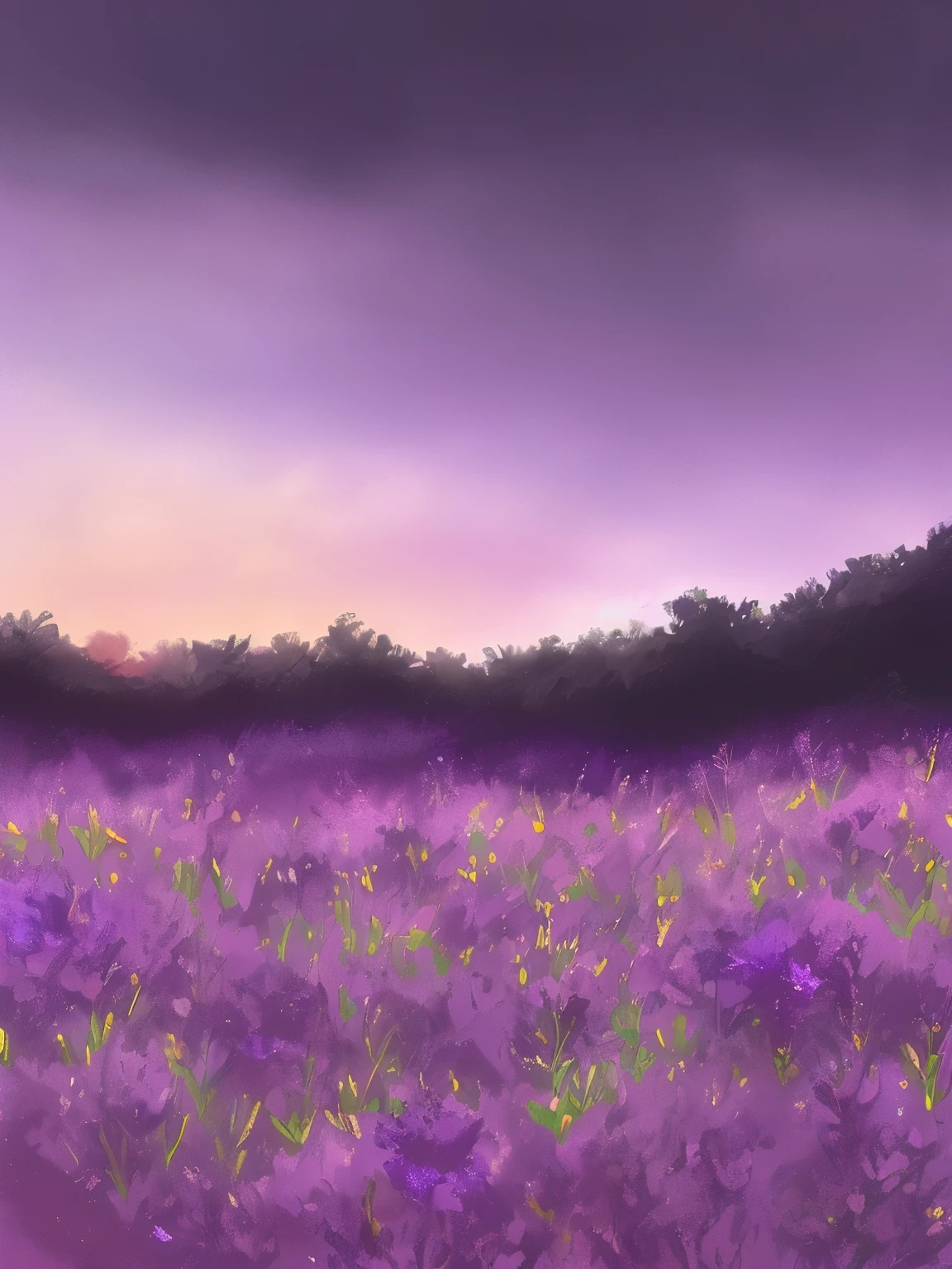 purple flowers in the foreground with a purple sky in the background, a digital painting inspired by McKendree Long, trending on deviantart, conceptual art, background art, violet sky, random background scene, purple sunset, purple hues, soft purple glow, twilight ; digital painting, background artwork, purple sky, soft lilac skies, at purple sunset, soft digital painting, floral sunset