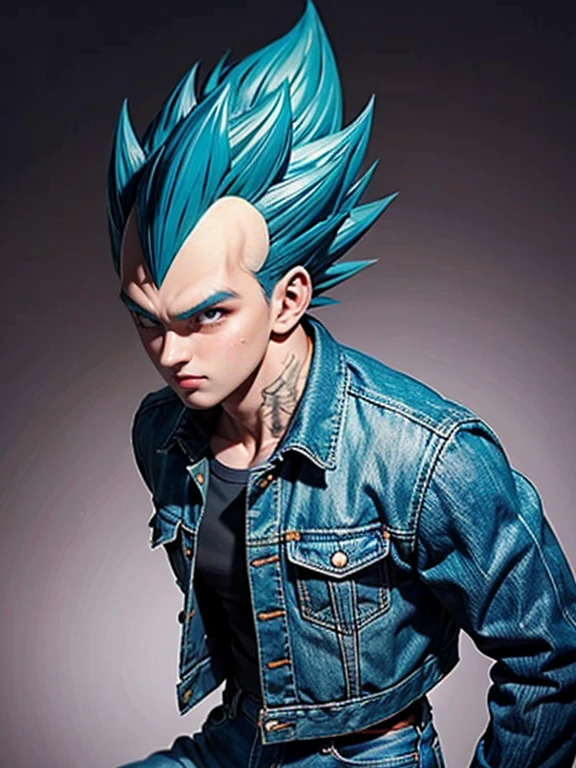 1man, solo, (masterpiece), best quality, ultra-detailed, Vegeta from Dragon Ball Z, super saiyan hair, Retro style, full body. fashion cloth, purple jean jacket, fancy, portrait, upper body, face detail, eyes detail: 1.3, simple background, sakichiman, green eyes,