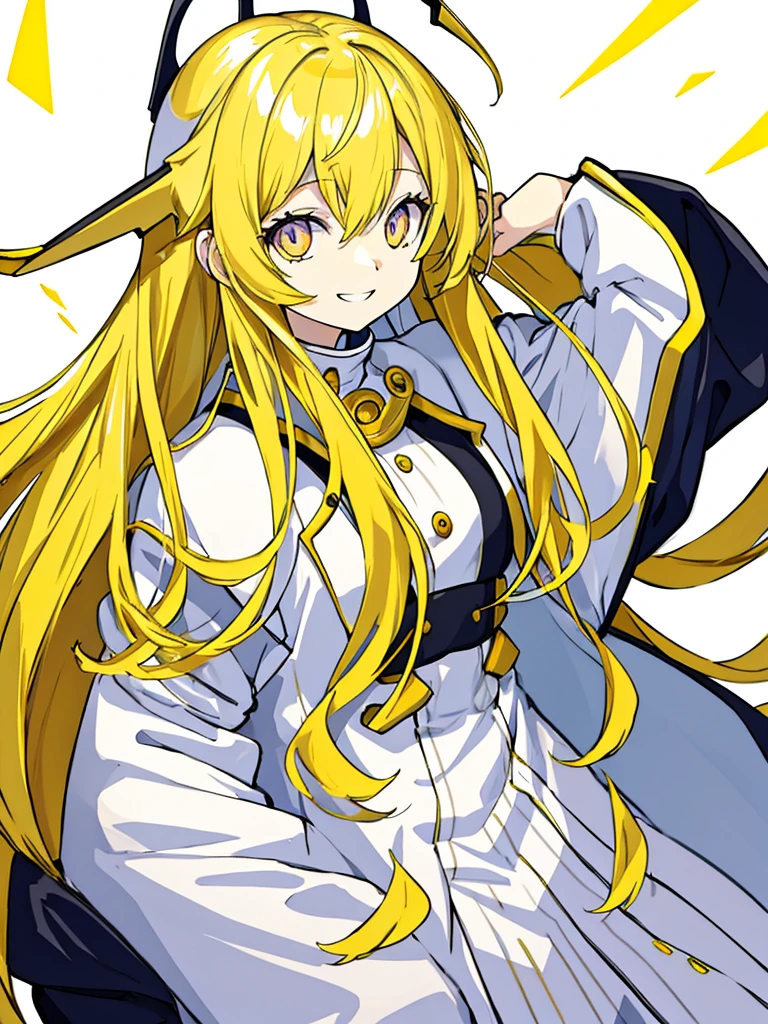 Yellow Hair、Pale pink eyes、Long Hair、Wavy Hair、Jacket、White clothes、smile、White background