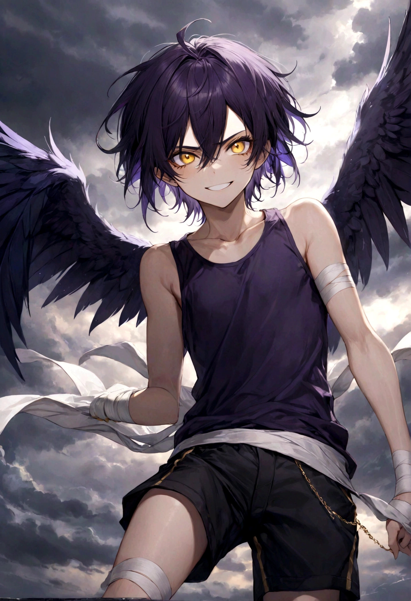 ((top-quality)), ((masterpiece)), ((ultra-detailliert)), (extremely delicate and beautiful), harpy boy, bandages on feet, mischievous smile, dark purple hair, golden eyes, constricted pupils, dark purple wings, well fitted black tank top, dark black shorts, stormy sky background