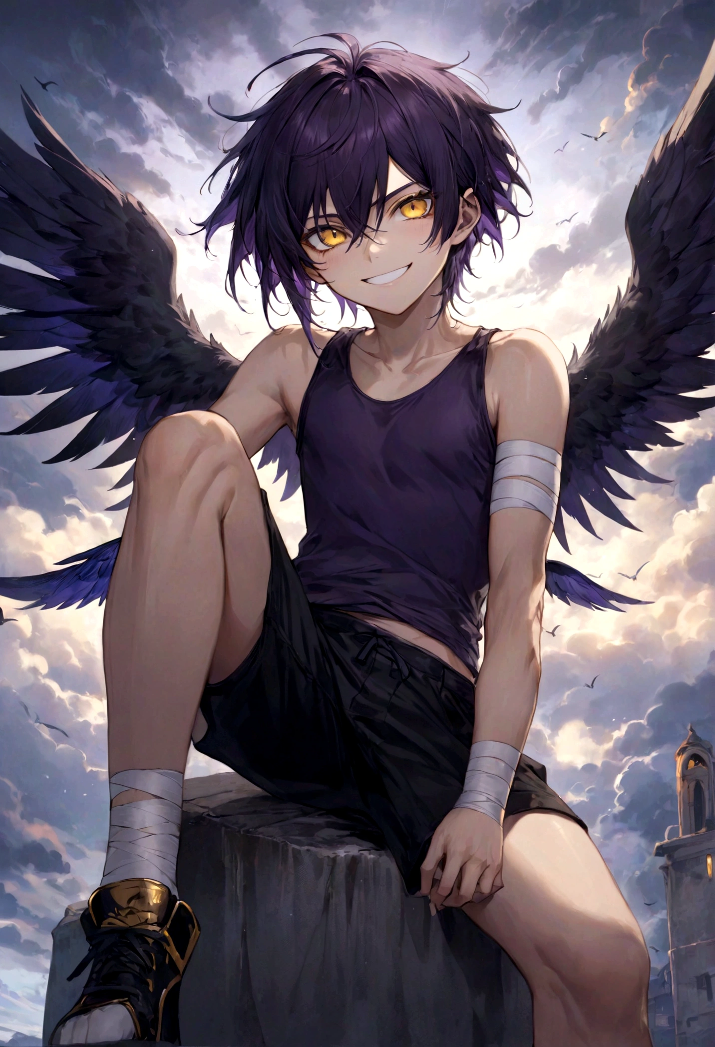 ((top-quality)), ((​masterpiece)), ((ultra-detailliert)), (extremely delicate and beautiful), harpy boy, bandages on feet, mischievous smile, dark purple hair, golden eyes, constricted pupils, dark purple wings, well fitted black tank top, dark black shorts, stormy sky background