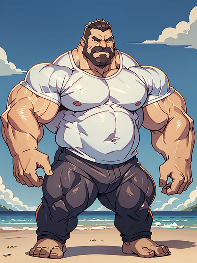 beach, back view, extremely huge muscular, massive muscular, full-body, well-muscled old man in a white shirt and showing back muscle. ((extremely muscle size, super thick arms, huge back, extremely wide back and shoulder , huge arms)).  and add details to make it attractive and interesting. Add textures and details to make the image more realistic, such as the appearance of the shirt texture and the appearance of the skin. Make sure the resulting image is high resolution, 8K quality."